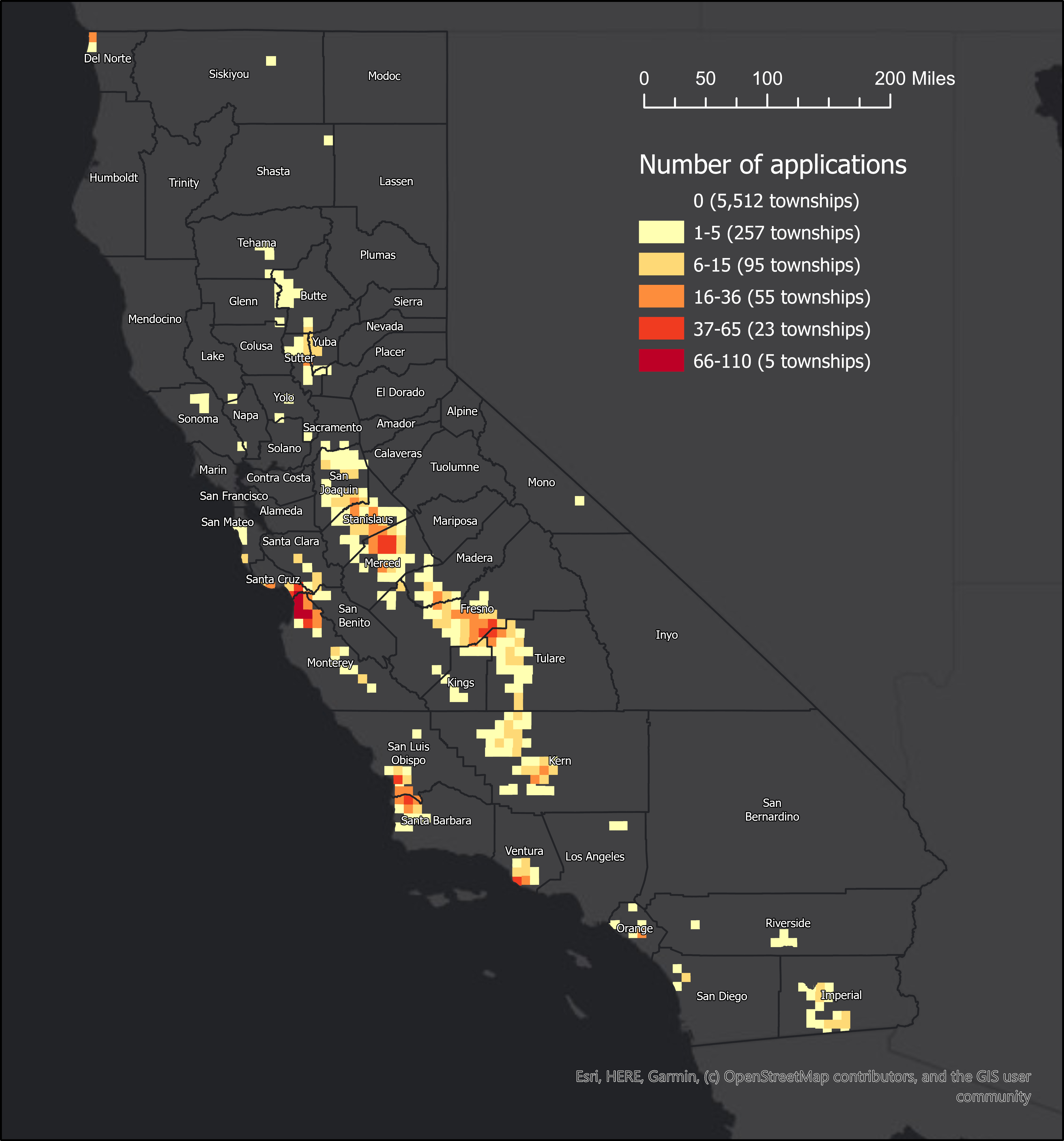 Cumulative applications of a fumigant in California townships over five years.