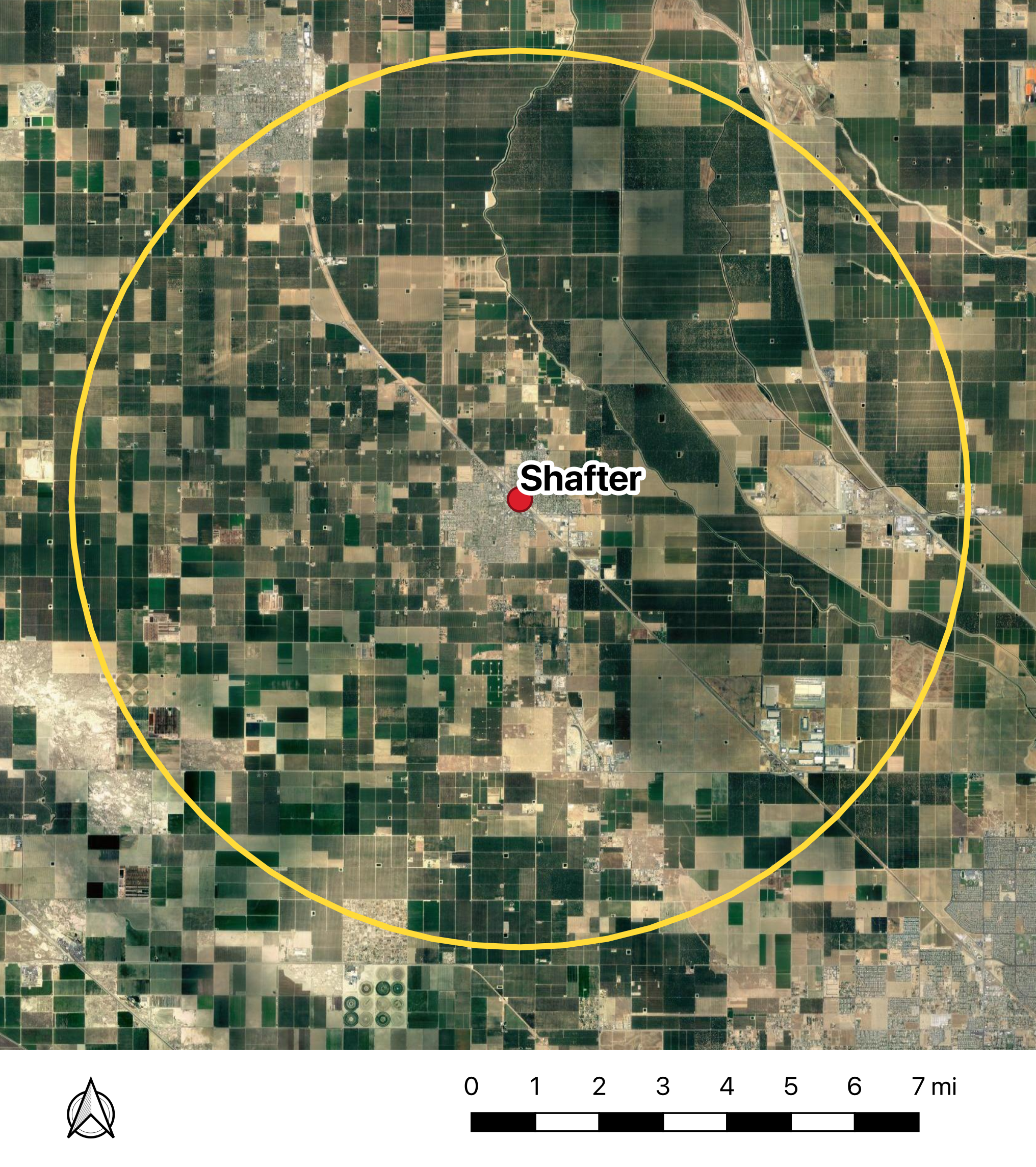 A map showing a 7-mile radius around the city of Shafter, where the proposed pesticide public notification system would be implemented.